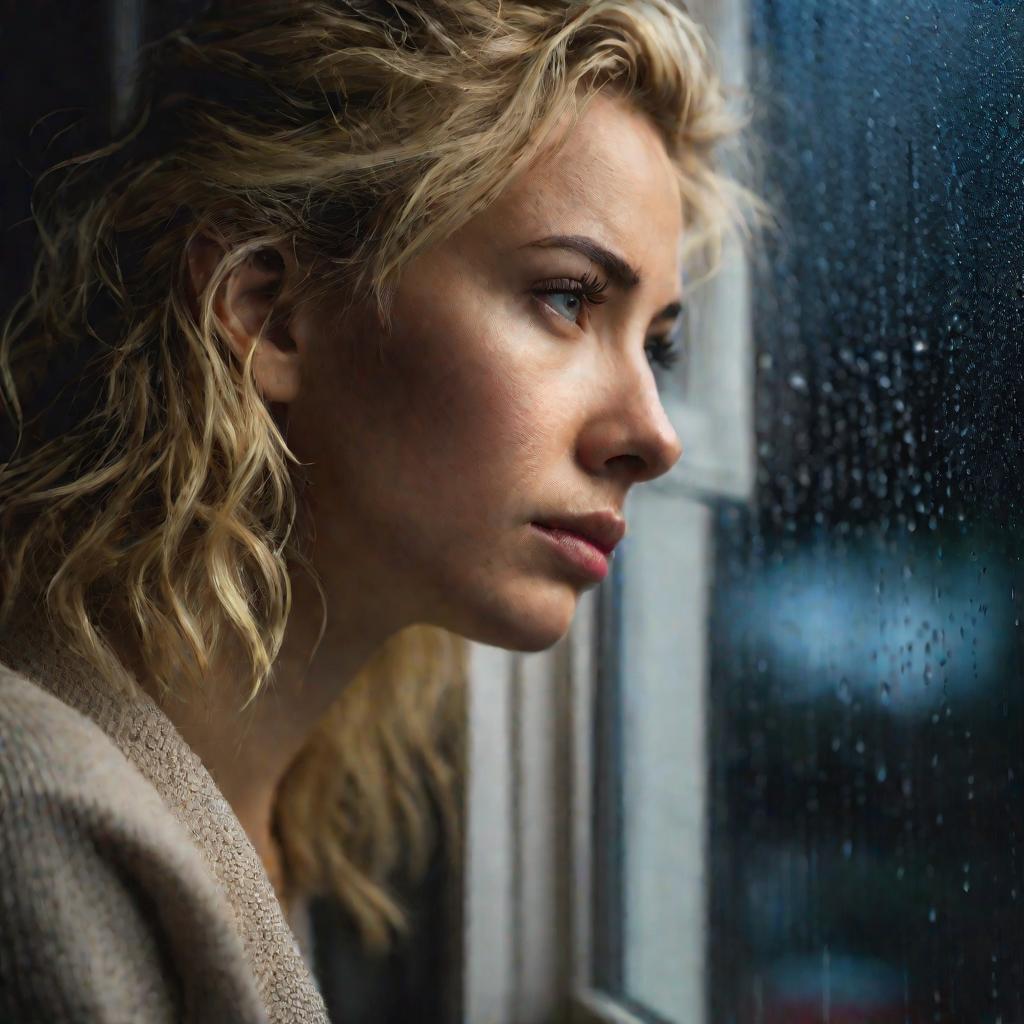 Девушка смотрит в окно ночью во время дождя