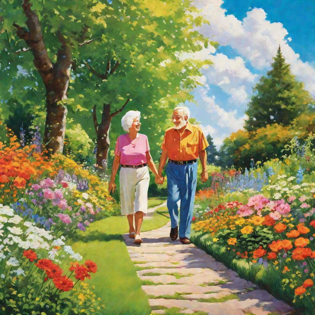 Пожилая пара гуляет по саду