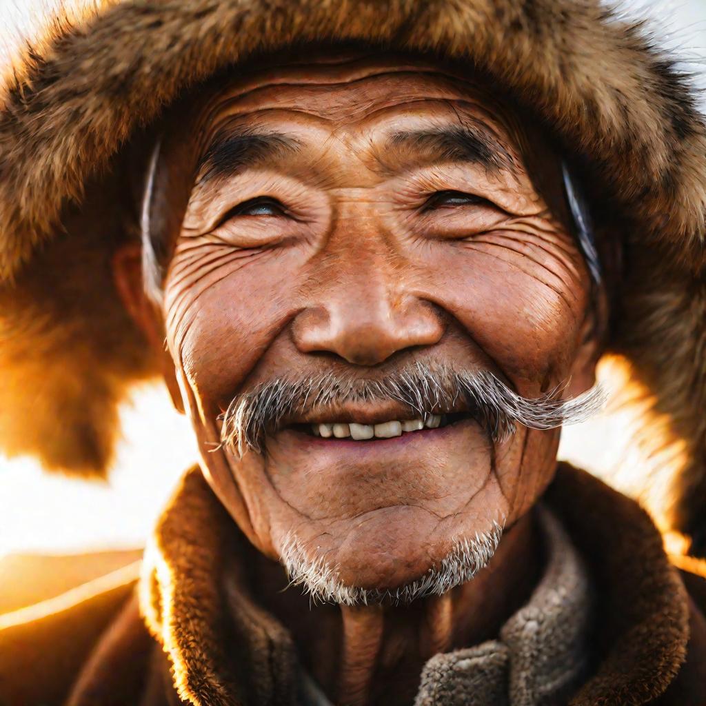 Портрет пожилого казаха в традиционном меховом головном уборе
