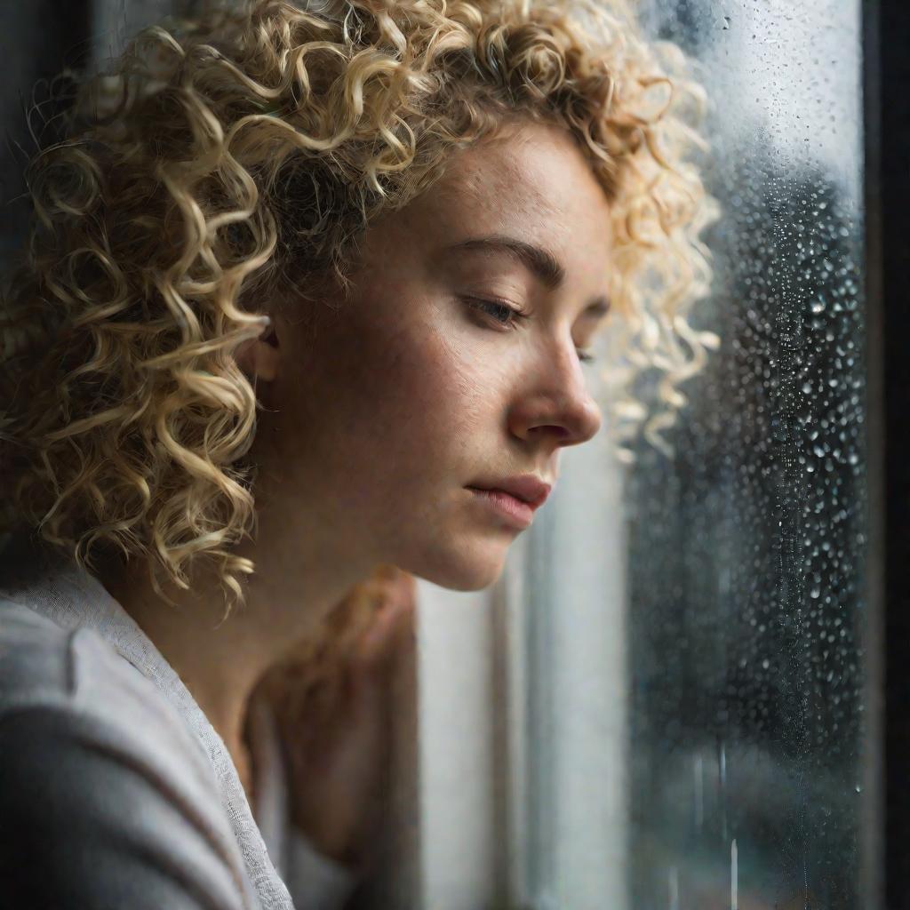 Девушка смотрит в окно в дождливый день