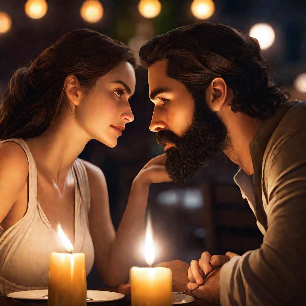 Портрет молодой пары за столиком кафе при свечах. Девушка нежно дотрагивается до лица парня.