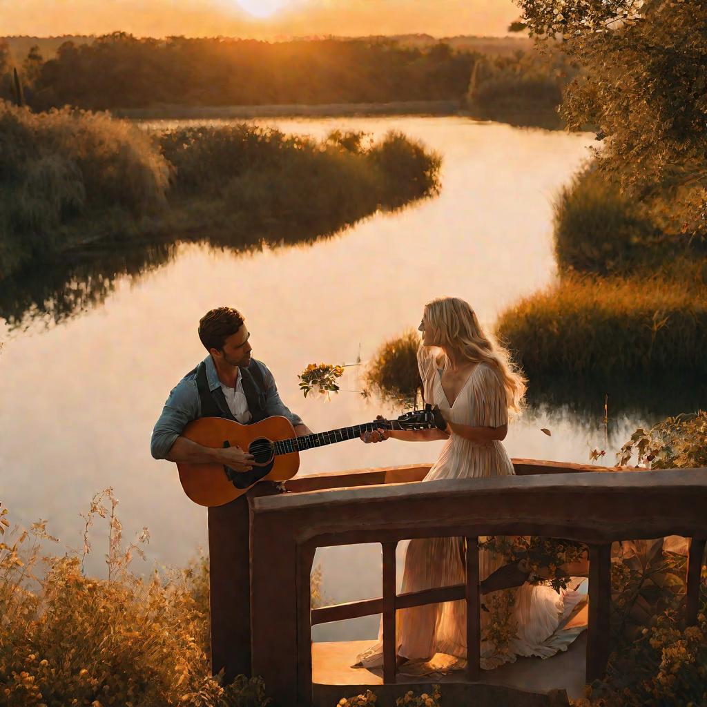 Мужчина поет и играет на гитаре для женщины на мосту над озером на закате.