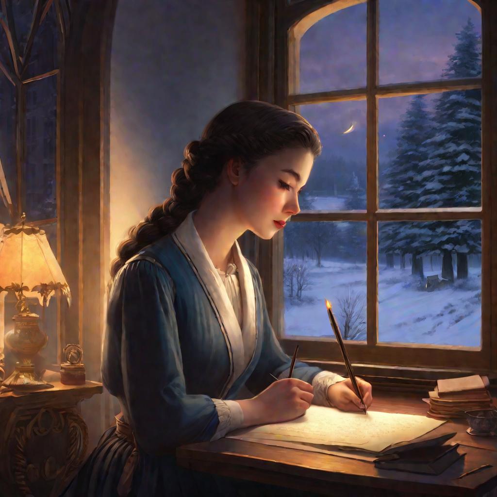 Девушка сидит за столом с пером в руке и письмом в другой, смотрит вдаль, обдумывая, что написать сестре.