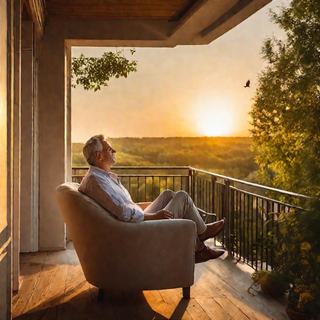 Мужчина отдыхает в кресле на балконе
