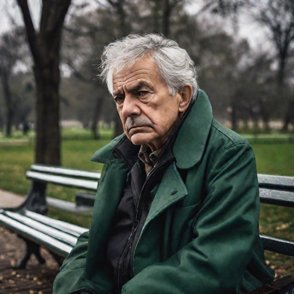 Портрет пожилого мужчины на скамейке парка с отсутствующим взглядом.
