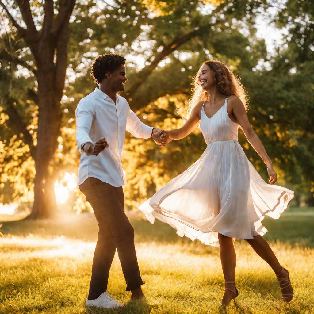 Пара танцующая в парке в летний вечер