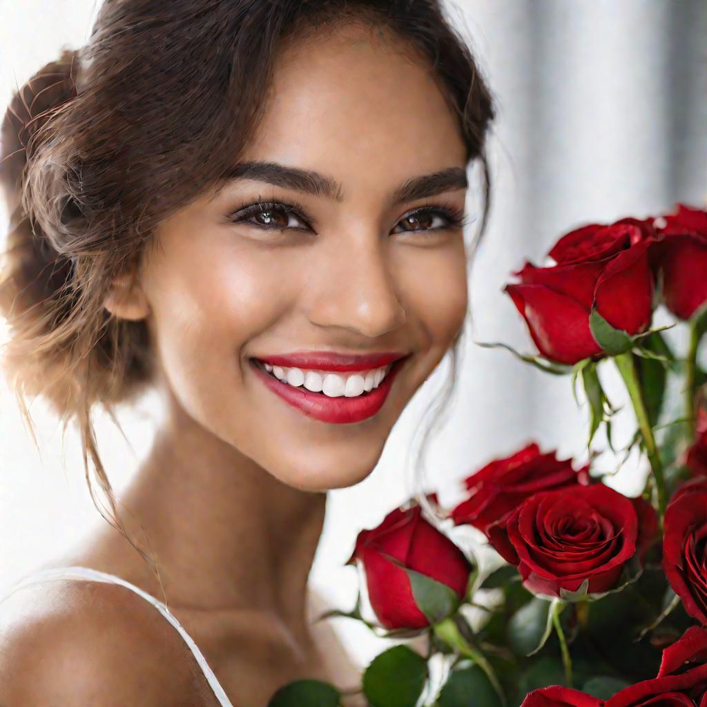 Портрет счастливой девушки с букетом роз