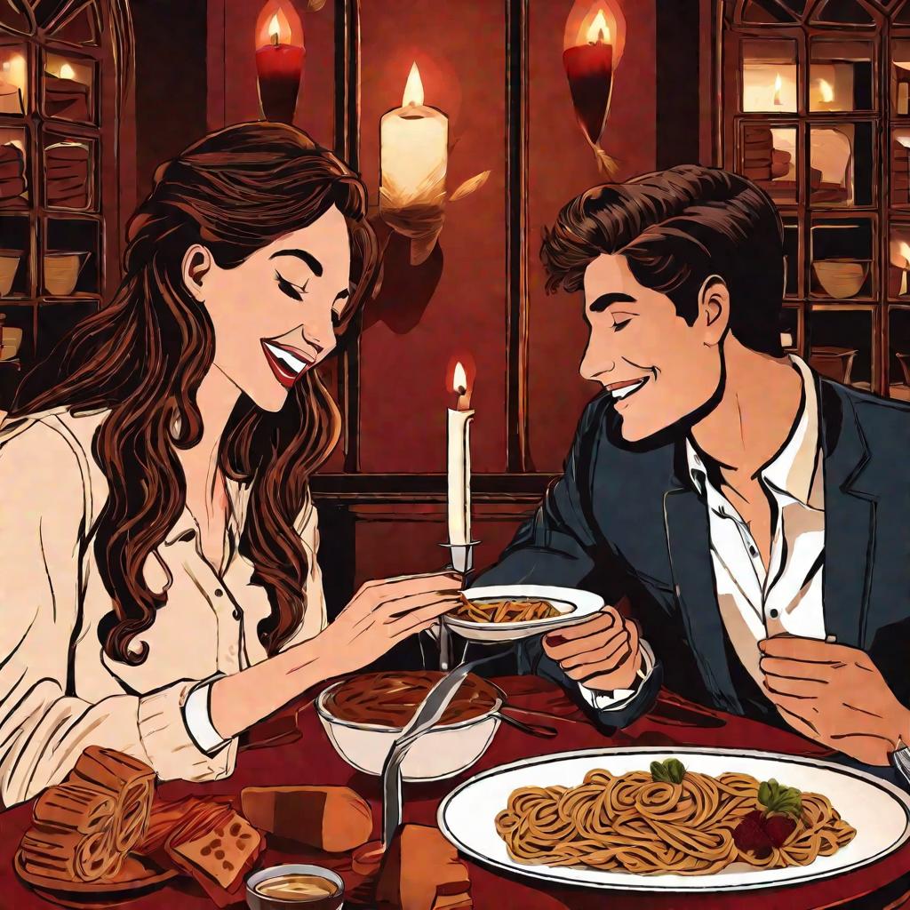 Ужин при свечах в ресторане, влюбленная пара смеется держась за руки
