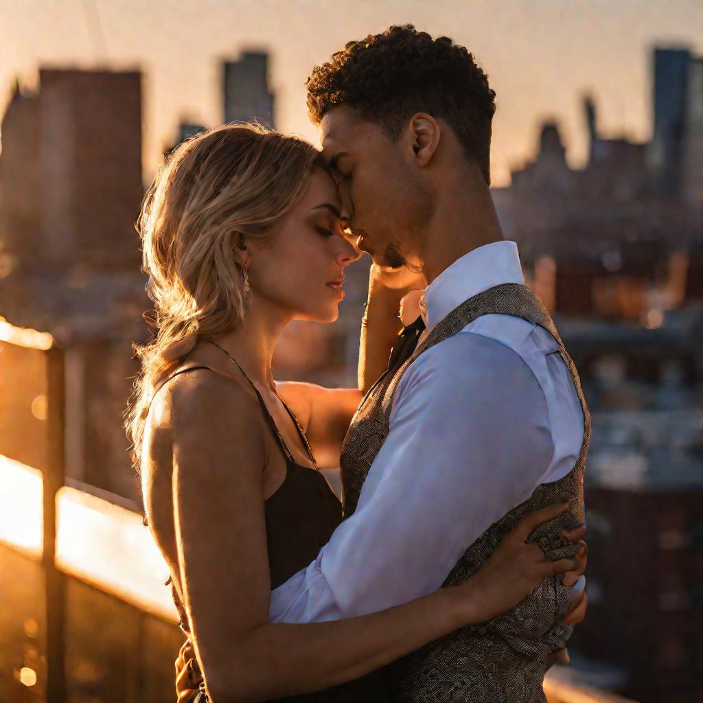 Пара танцует на крыше на закате, целуются влюбленно смотря друг на друга