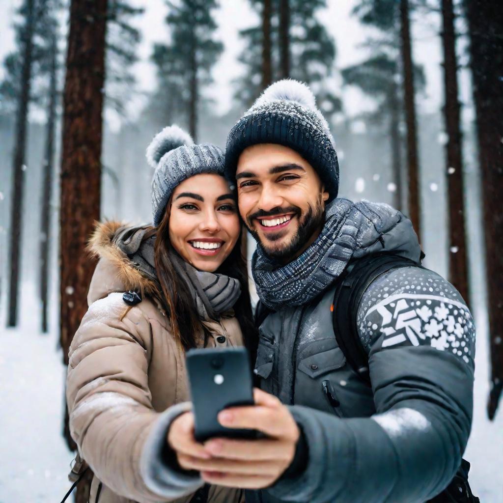 Пара фотографируется в снегу