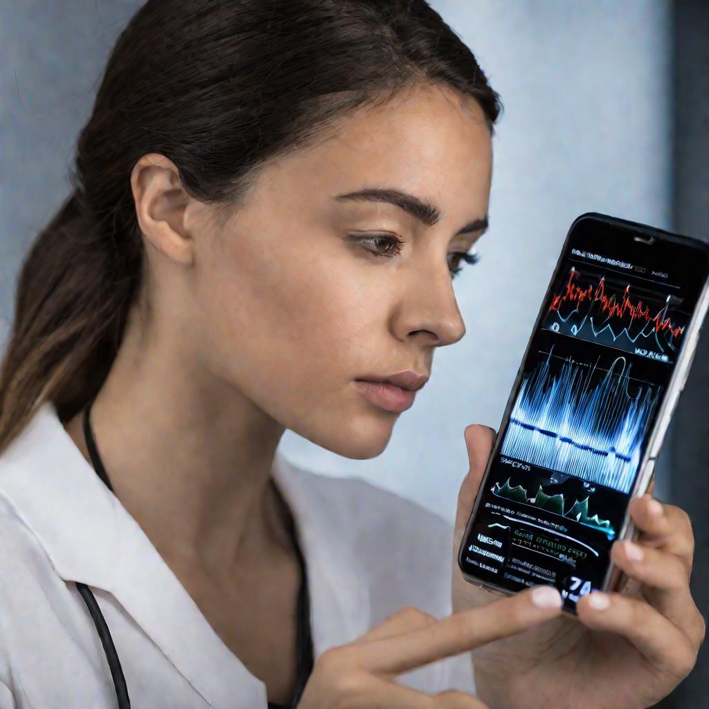 Девушка с сосредоточенным лицом смотрит на экран смартфона с работающим приложением детектор лжи