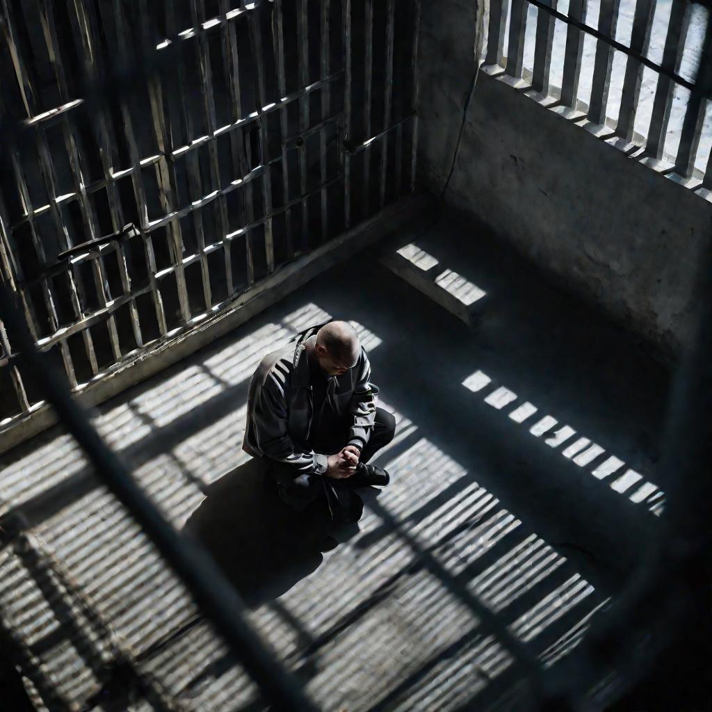 Мужчина в наручниках сидит в тюремной камере