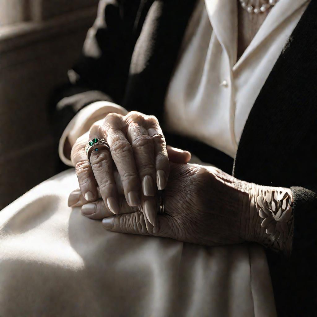 Старая фотография молодоженов в руках пожилой женщины с изумрудным кольцом