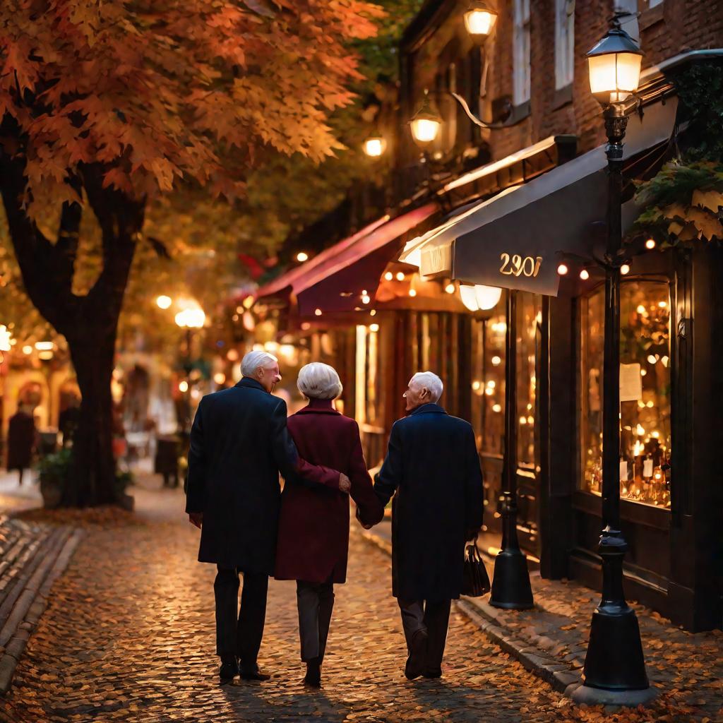 Пожилая пара идет по улице в ресторан на 29 лет свадьбы