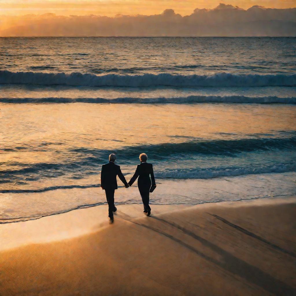 Изображение элегантной супружеской пары преклонного возраста, идущей вечером по пляжу и держащейся за руки в день 33-й годовщины их свадьбы