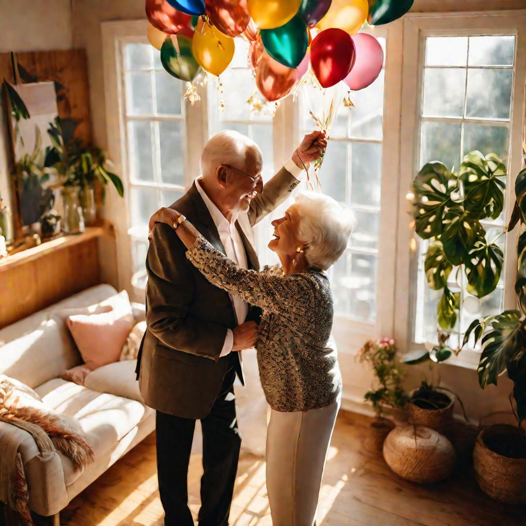 Вид сверху на танцующую щекой к щеке пожилую пару в гостиной, украшенной шарами и гирляндами, в день их 33-й годовщины свадьбы