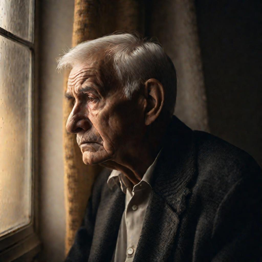 Пожилой мужчина смотрит вдаль грустным взглядом
