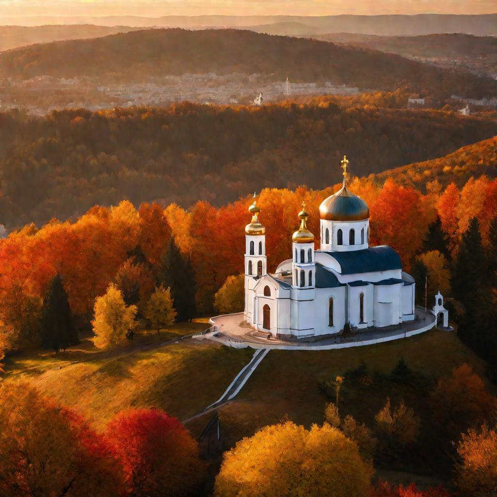 Православная церковь на холме, священник беседует с прихожанкой по дорожке в осеннем лесу