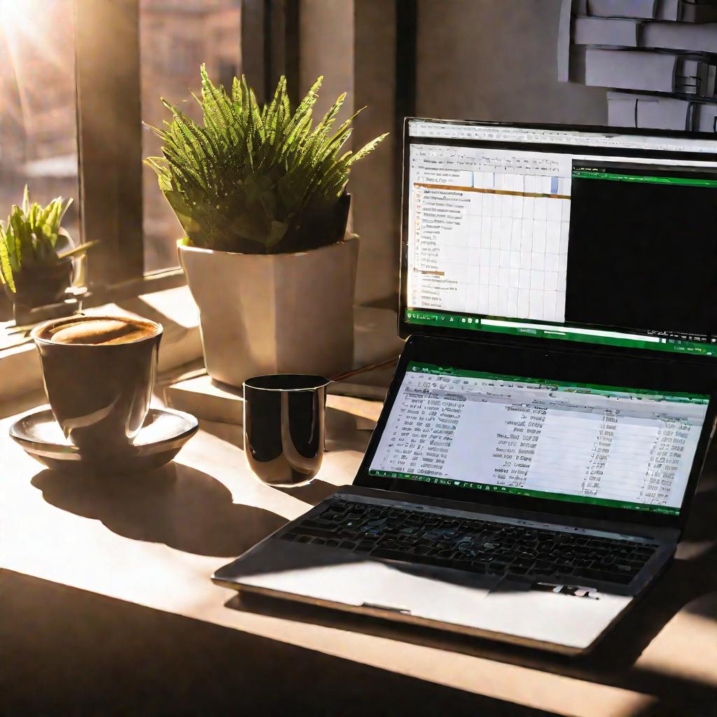 Рабочее место за столом в золотой час с лучами солнца, падающими на монитор с таблицей Excel, в которой выделены два столбца для умножения. Свет на столе создает высококонтрастные тени позади блокнота, кружки для кофе и клавиатуры.