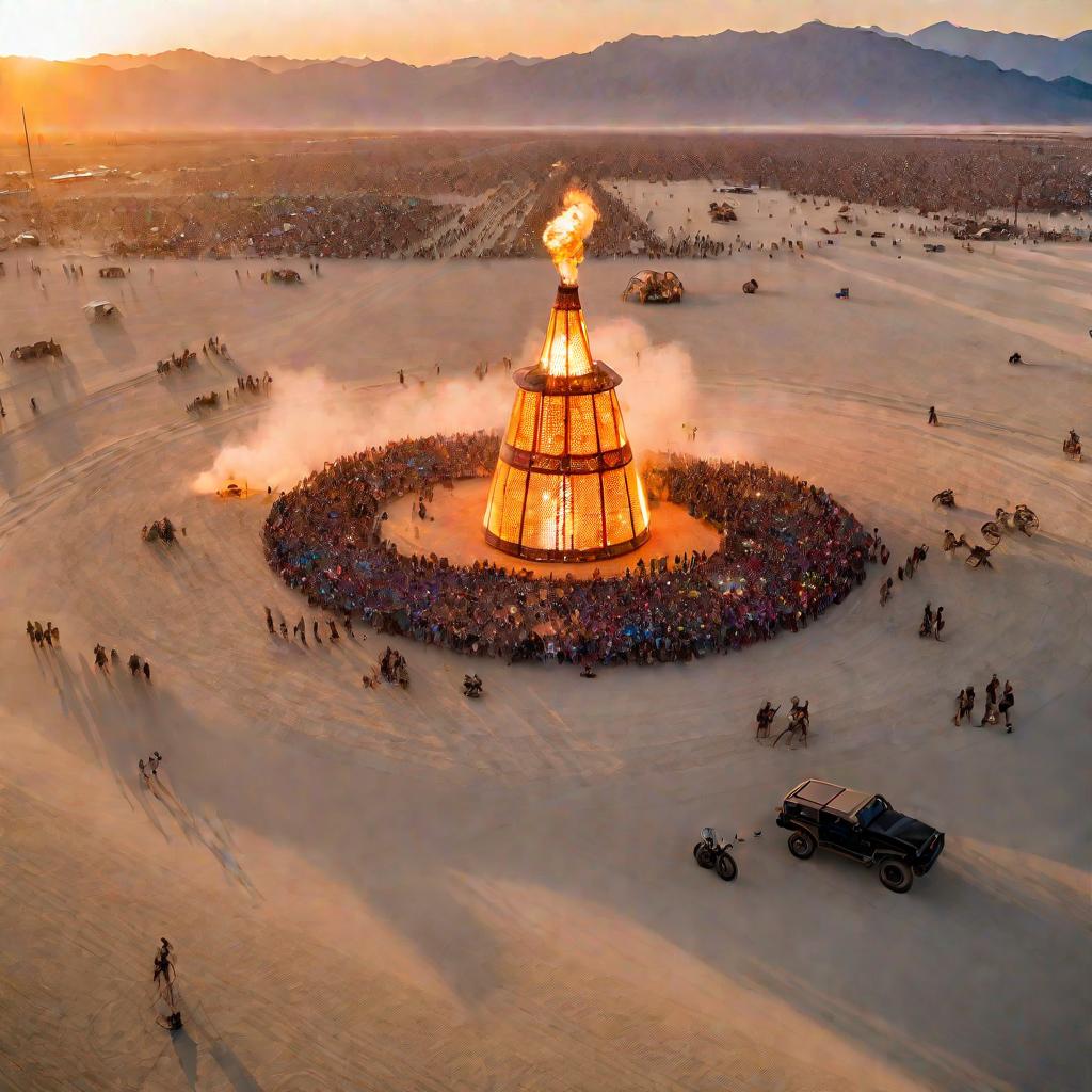 Фестиваль «Burning Man» в пустыне на закате. Люди в красочных костюмах бродят среди светящихся арт-объектов.