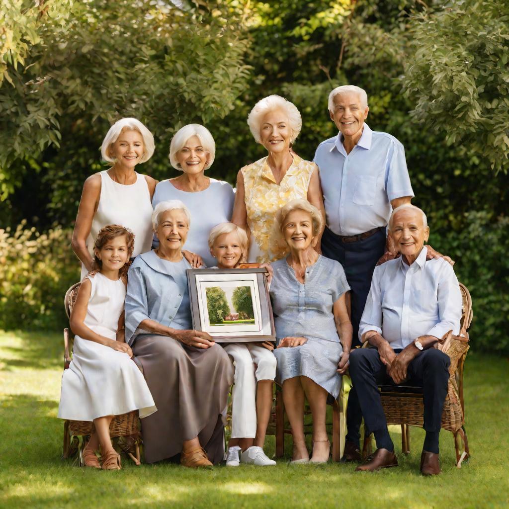 Большая семья трех поколений на фоне родословного древа