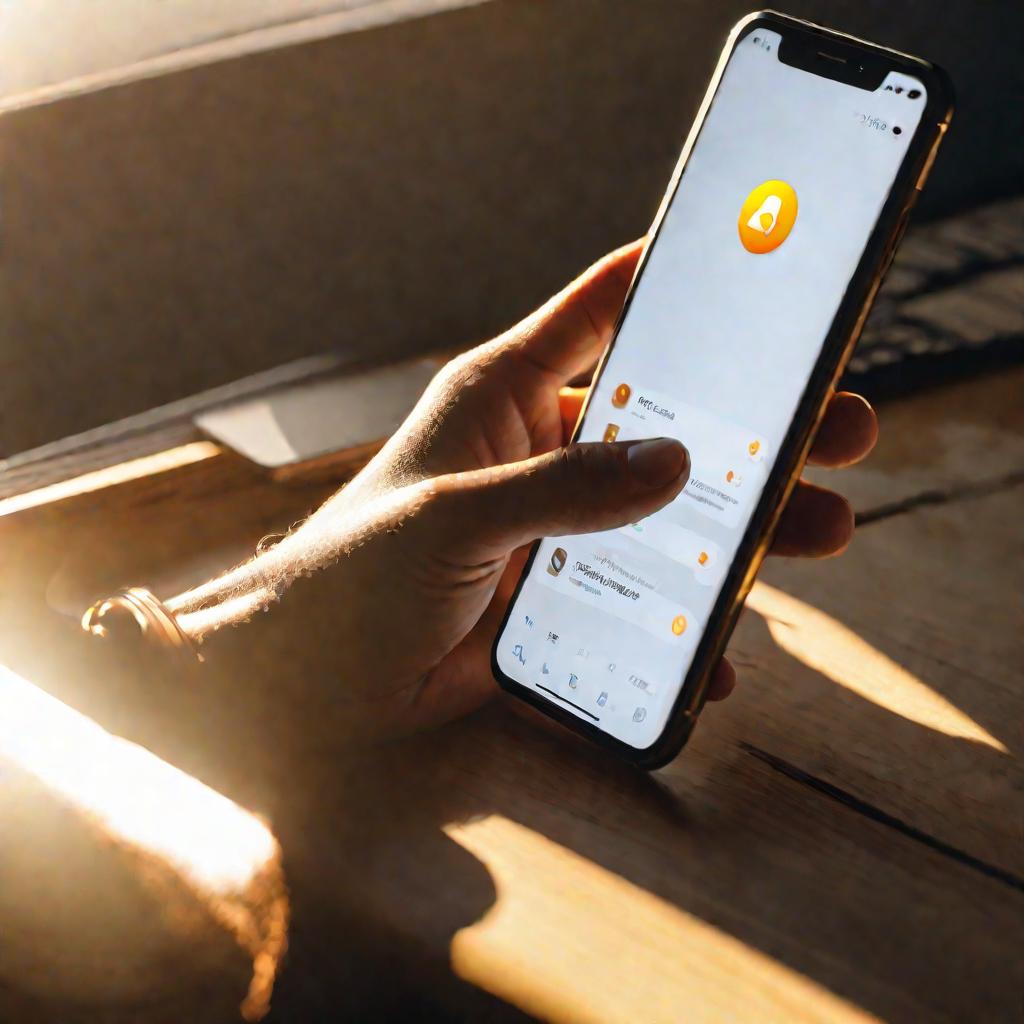 Вид сверху на руку, зависшую над смартфоном, лежащим на светлом деревянном столе. На экране смартфона открыто приложение Telegram. В комнату через окно проникают лучи заходящего солнца, окутывая все теплым золотистым светом. Палец руки завис над кнопкой п