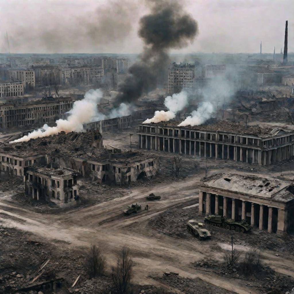 Разрушенный Сталинград во время битвы