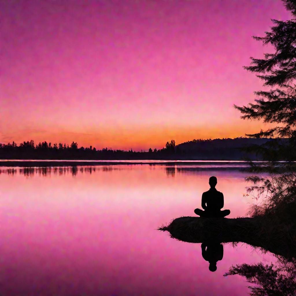 Живописный закат над спокойным озером, отражающим в себе оранжевые и розовые оттенки неба в сумерки. На переднем плане в позе лотоса сидит человек, лицом обращенный к воде. Его силуэт четко выделяется на фоне.
