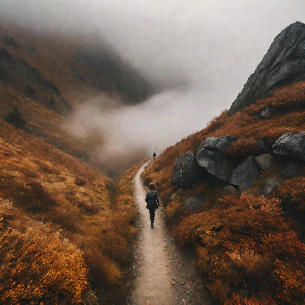 Девушка идет в одиночку по туманной горной тропе, демонстрируя самоуверенность