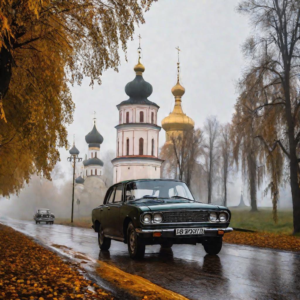 Советская машина на улице Пскова осенью
