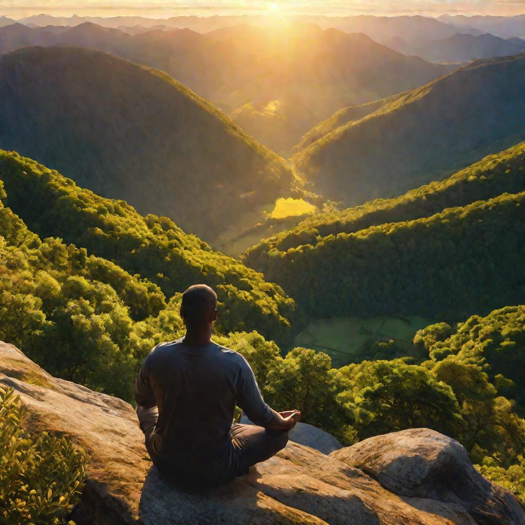 Мужчина медитирует на вершине горы на восходе солнца