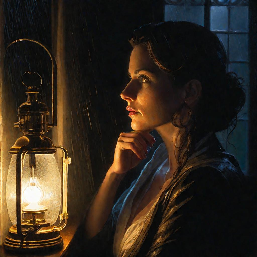 Женщина задумчиво смотрит в окно ночью