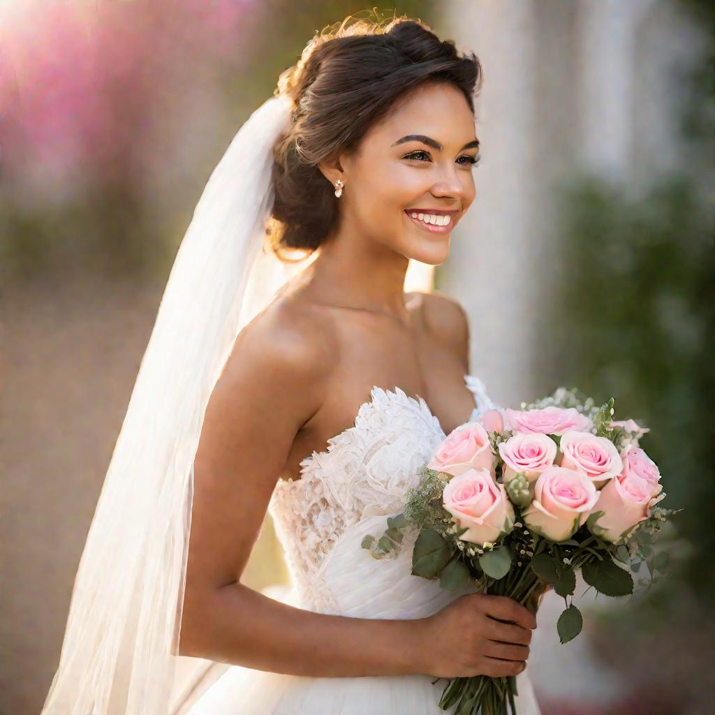 Счастливая невеста в белом платье с букетом роз