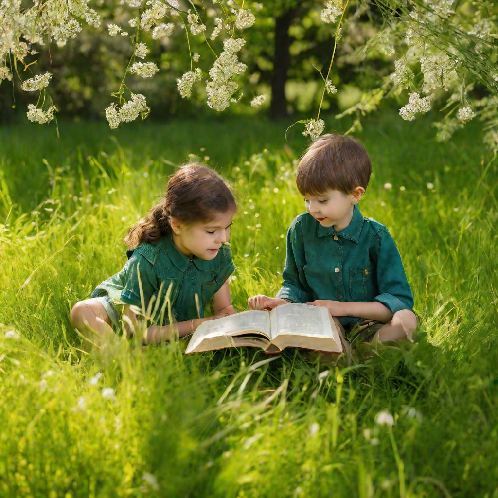 Дети на лугу читают книгу