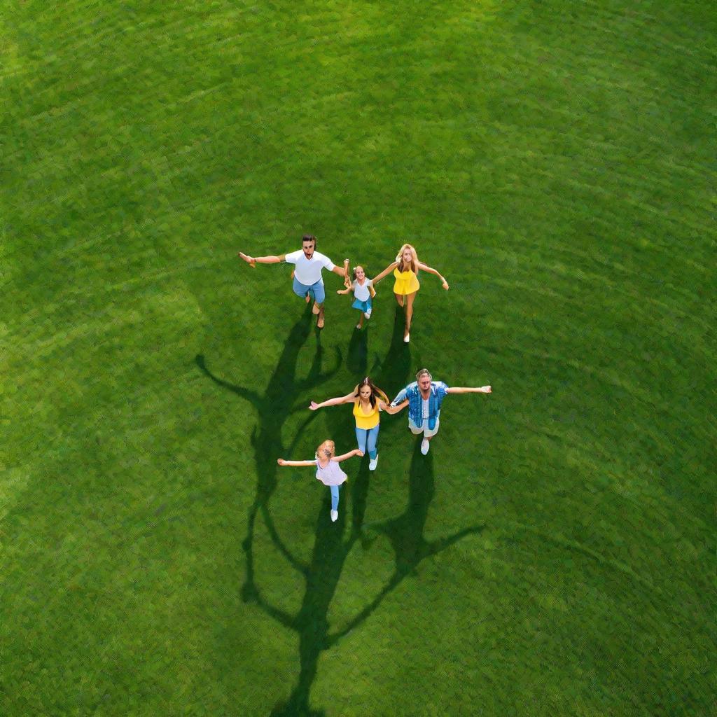 Широкий вид сверху - семья играет на зеленом лугу в парке в летний теплый солнечный день.