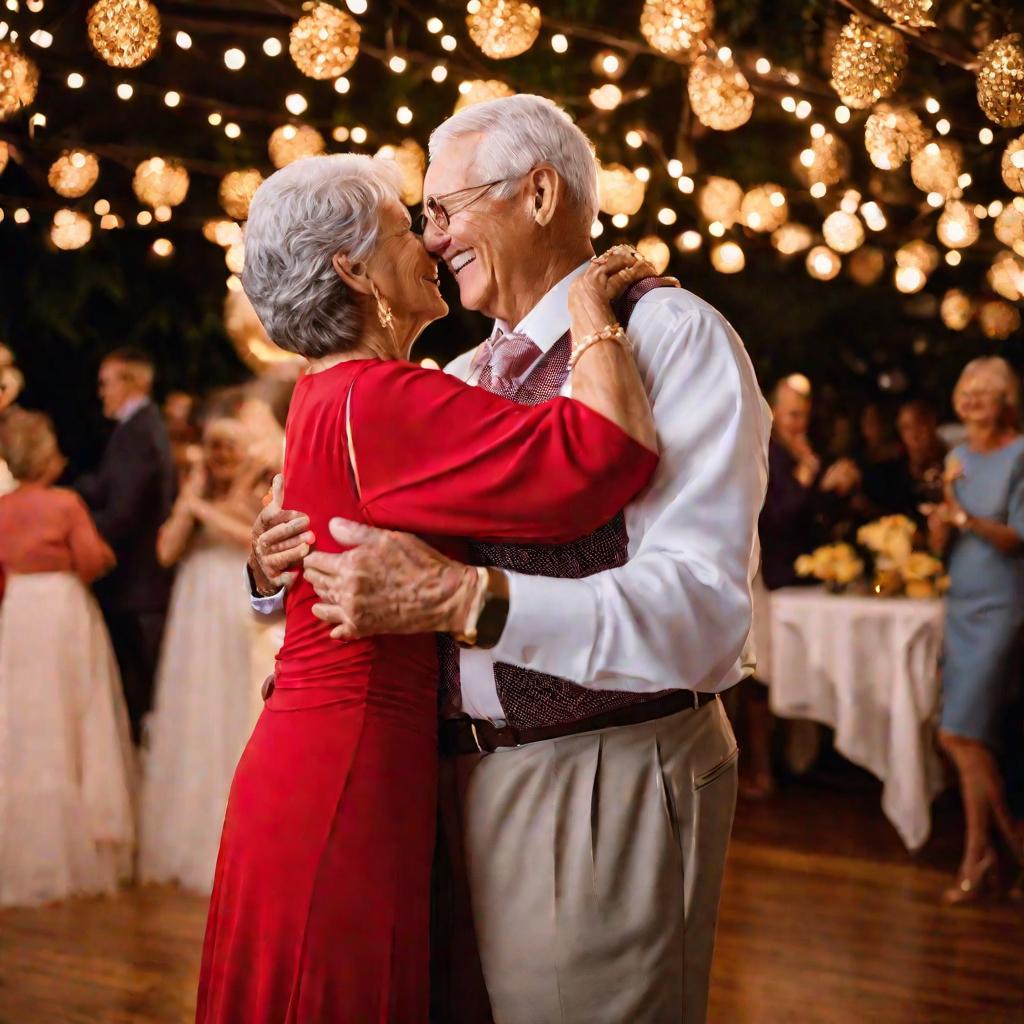 Пожилая пара медленно танцют в объятиях друг у друга на золотой свадьбе, окруженные гостями и мягким светом.