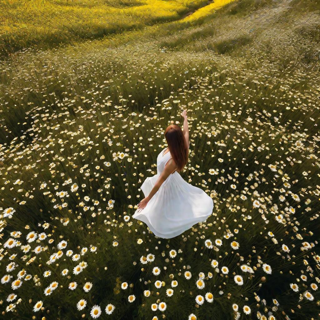 Женщина в поле цветущей ромашки