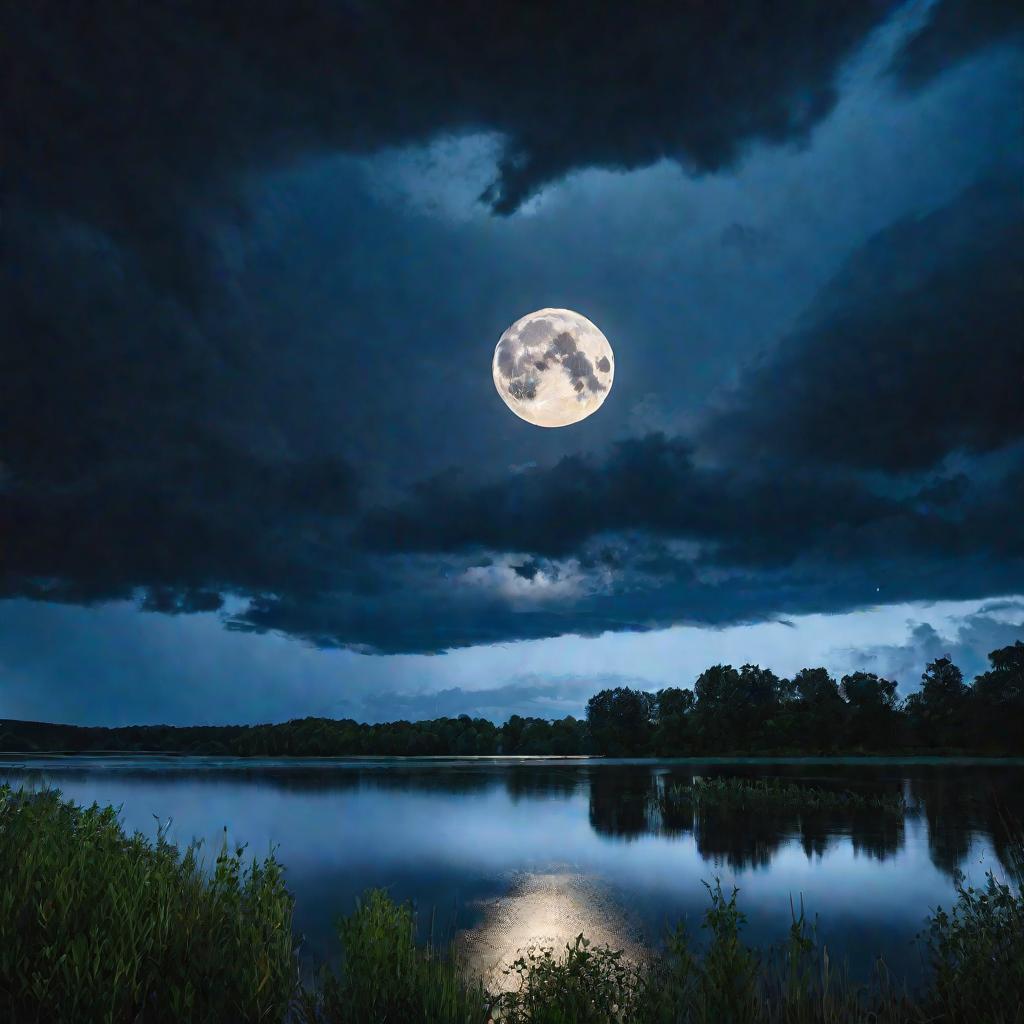 Сияющая луна над озером сквозь бурные тучи
