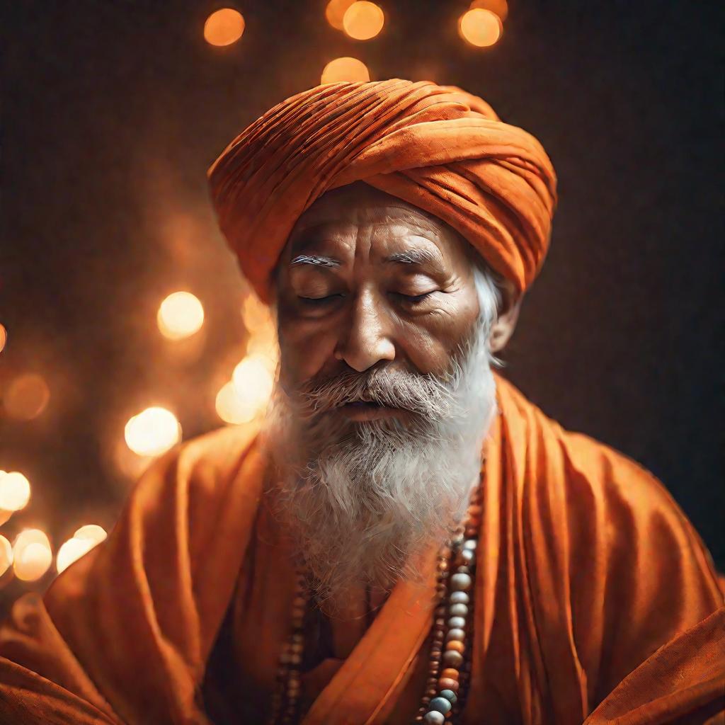 Портрет пожилого мудреца в медитации с легким свечением вокруг тела.