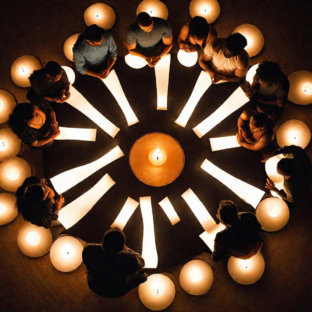 Группа людей, сидящих в кругу при свечах и медитирующих вместе.
