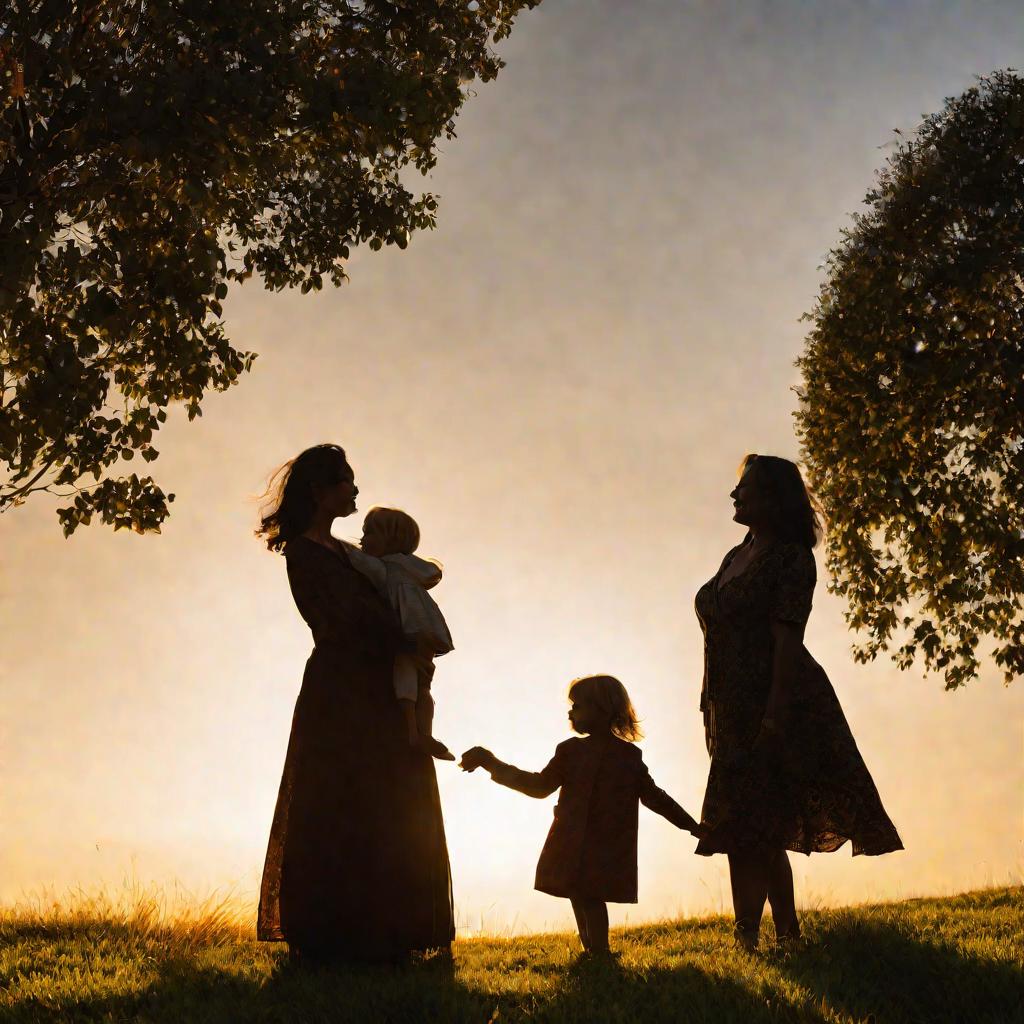 Три поколения женщин на фоне восходящего солнца.