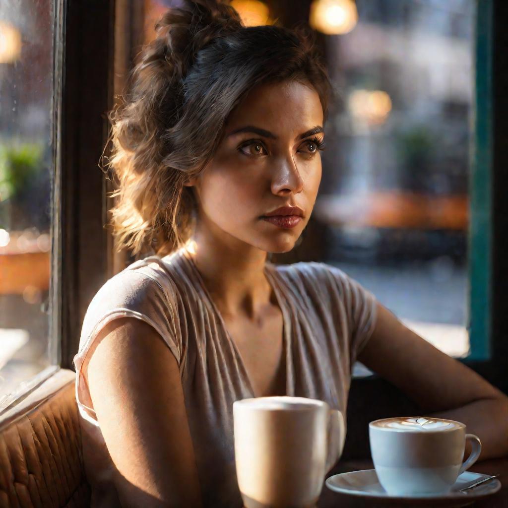 Молодая женщина сидит в кафе у окна, глубоко погруженная в тревожные мысли