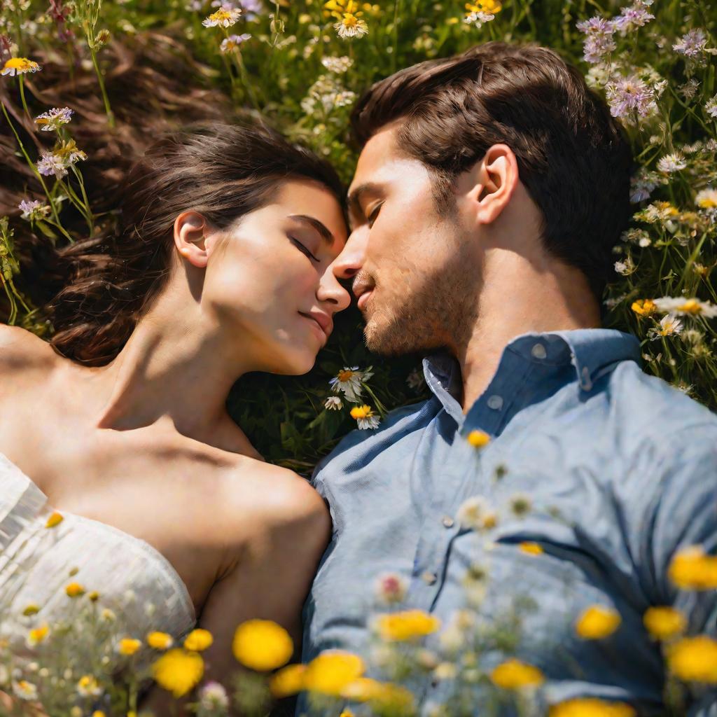 Влюбленная пара в цветущем лугу