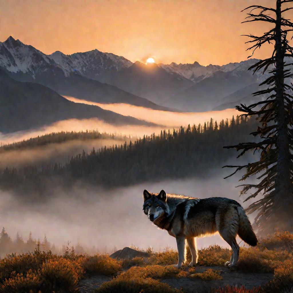 Волк на фоне горного пейзажа на закате