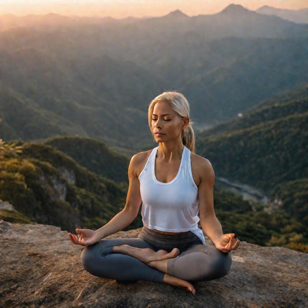 Женщина медитирует на горе