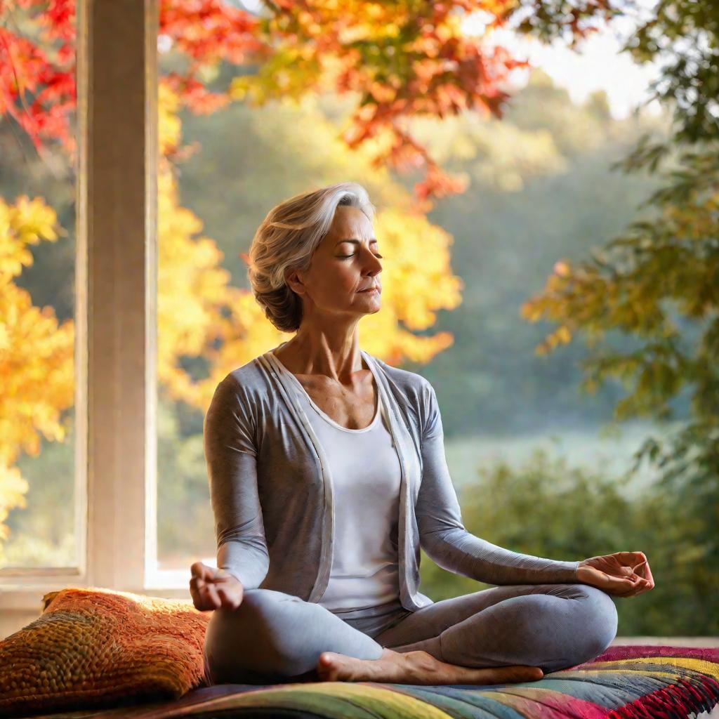 Женщина медитирует на фоне осеннего пейзажа