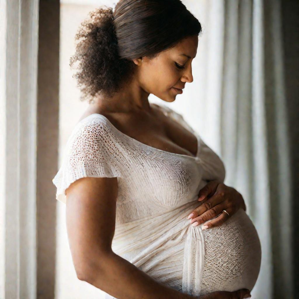 Беременная женщина нежно обнимает свой живот