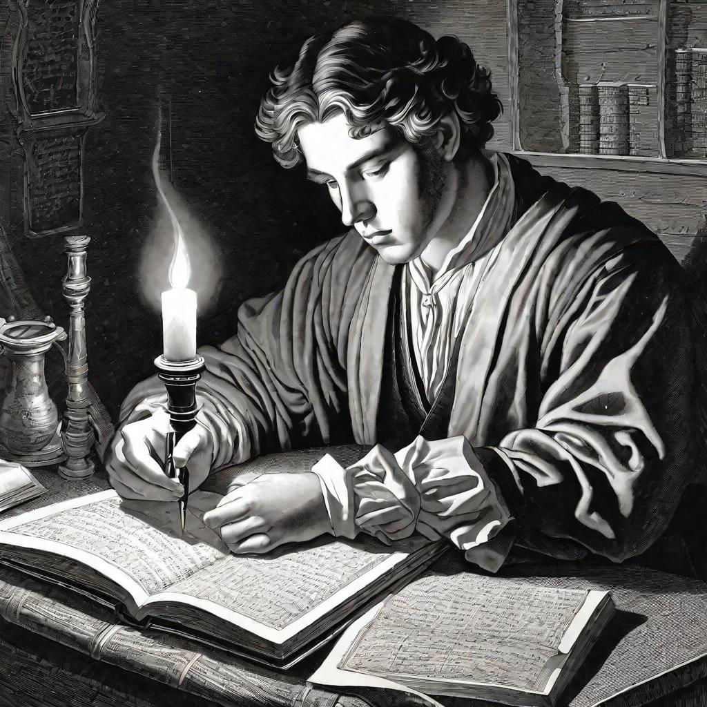 Портрет молодого математика при свечах пишет формулы теоремы Вильсона пером на пергаменте