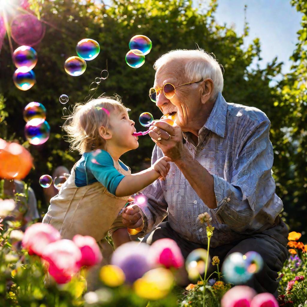 Дедушка с внуком играют с мыльными пузырями