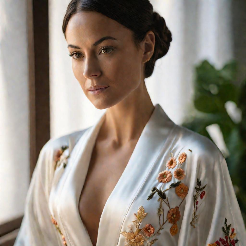 Портрет женщины в вышитом белом шелковом халате